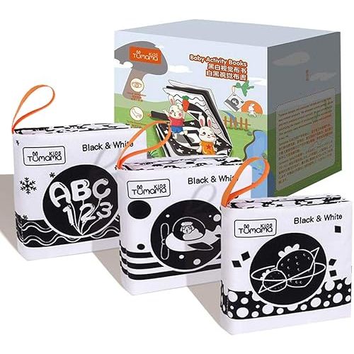 3 High Contrast Baby Toys for Newborn 0 3 6 Months Black and White Soft Baby Book Crinkle Squeaky, Nontoxic Fabric Cloth Book Bath Toys, Infant Early Education Visual Stimulation Birthday Gifts