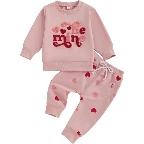 BeQeuewll Baby Girl Valentines Outfit Long Sleeve Heart Print Sweatshirt Jogger Pants 2Pcs Baby Girls Valentine Clothes