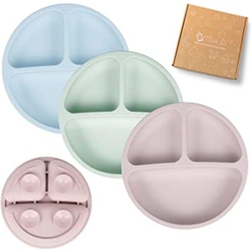 Mia Li Suction Plates for Baby – Set of 3 Toddler Plates with Suction – Cute and Colorful Silicone Plates for Weaning – Ideal for Baby Feeding, Food Storage (Mauve, Stone & Cloud)