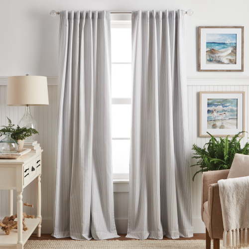 Martha Stewart Ticking Stripe Curtain Panel Pair, Grey, Poletop, Back Tab, Blackout, Indoor, 2 Piece Set, Adult, 50" x 84"