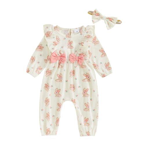 Newborn Baby Girl Easter Clothes Bunny/Duck Ruffle Sleeve Romper Jumpsuit with Headband One Piece First Easter Outfit