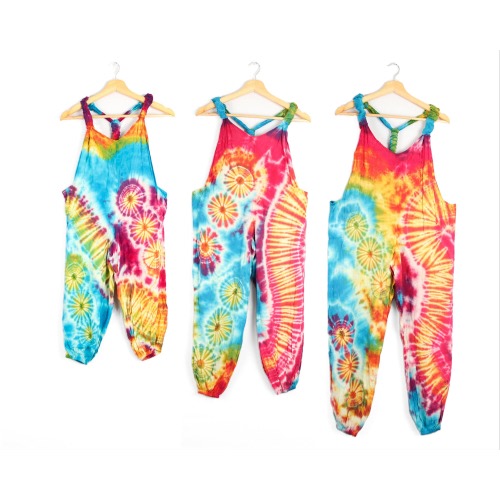 Children's Tie Dye Dungarees Bright Rainbow Overalls Age 3-4, 5-6, 7-8, 9-11, Hippie Romper Onesie Comfy Unisex All in One