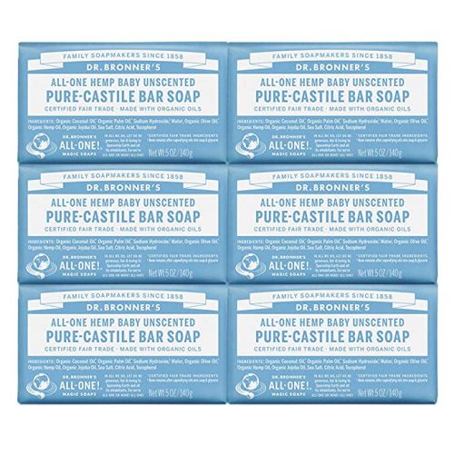 Dr. Bronner's - Pure-Castile Bar Soap (Baby Unscented, 5 oz, 6-Pack) -Made with Organic Oils, For Face, Body & Hair, Gentle for Sensitive Skin & Babies, No Added Fragrance,Biodegradable,Vegan,Non-GMO