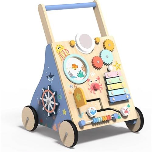 Wooden Baby Walker with Activity Center, Montessori Push Walker Toy for Babies 18 Months+, Sit to Stand Walker with Wheels for Boys & Girls, Infants to Toddler