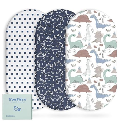 Yoofoss Bassinet Sheets for Baby,3-Pack Fitted Bassinet Sheets Set Compatible with Halo Bassinest Swivel Sleeper,Baby Delight,Angelbliss,Soft Breathable Bassinet Mattress Sheets (Dark Blue+Dinosaurs)