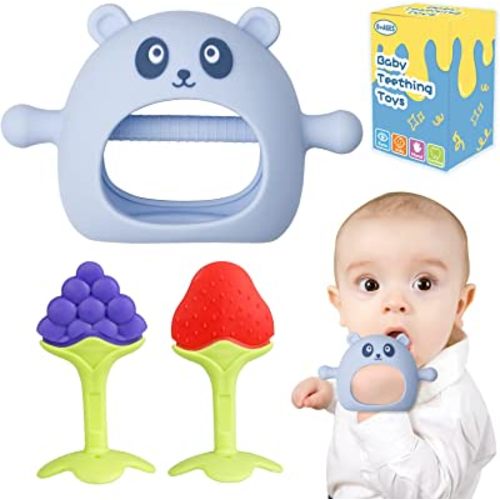 Baby Teething Toys, 3 PCS Teethers Set for 0-6, 3-6 Months & 6-12 Months, Baby Essentials, Infant Toys, Baby Chew Toys Set Food Grade Silicone, Bear Shape Teething Toy Fruit Shape Teether Set