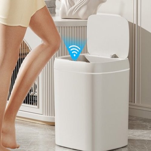 Bxaolu 13 Liter/3.4 Gallon Touchless Rectangular Motion Sensor Trash Can, Plastic Garbage Can with Lid, Small Wastebasket for Living Room, Kitchen, Bathroom - White