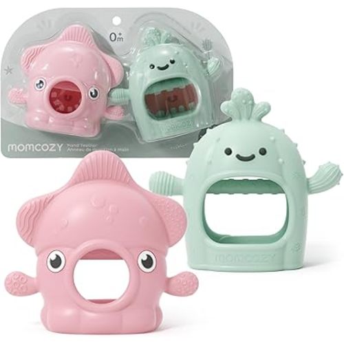 Momcozy 2 Pack Baby Teething Toys, Food Grade Silicone Baby Teether for 0-6 6-12 Months, Anti-Drop Wrist Mitten Set, Baby Essentials Teething Relief, 200°C Sterilizer Safe, Pink & Mint Green
