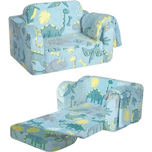 Folding Toddler Chair, Soft Plush Fold Out Kids Couch Sofa Glow in The Dark, Comfy Baby Recliner for Girls Boys (Glowing Dinosaur, Blue)
