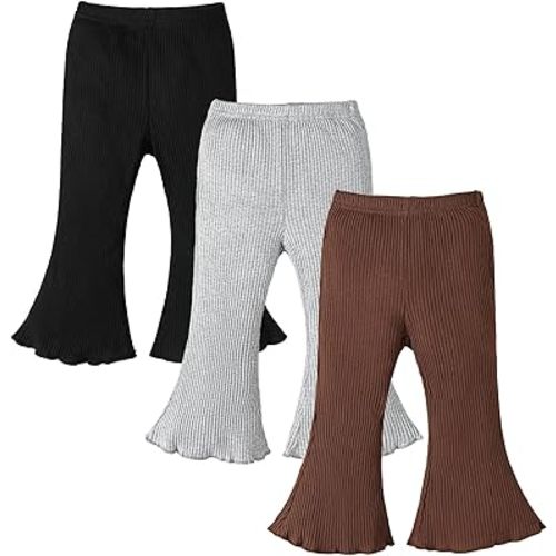 3 Pack Baby Girl Pants: Infant Solid Ribbed Flare Pants Cotton Pull On Bottoms Leggings for Toddler 0-24 Months