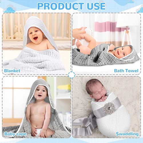 Muslin Cotton Hooded Baby Bath Towel Sets Large 32 x 32 Inch Soft Unisex Bath Towels Bulk for Babies, Toddler, Infant, Newborn, Baby Gifts for Girl Boy (White, Gray, 4 Pieces)
