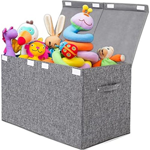 popoly Large Toy Box Chest with Lid, Collapsible Sturdy Toy Storage Organizer Boxes Bins Baskets for Kids, Boys, Girls, Nursery, Playroom, 25"x13" x16" (Linen Gray)