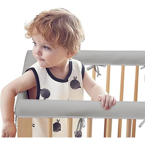 3PCS Crib Rail Covers Sets for Teething, Soft Mesh Crib Liner,Mesh Teething Edge & Corner Guard Coverage Straps (Gray)