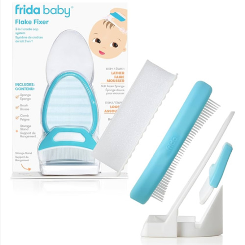 Frida Baby The 3-Step Cradle Cap System Kit & Cradle Cap Treatment, DermaFrida The FlakeFixer, Sponge, Brush, Comb and Storage Stand for Babies with Cradle Cap, White-Blue