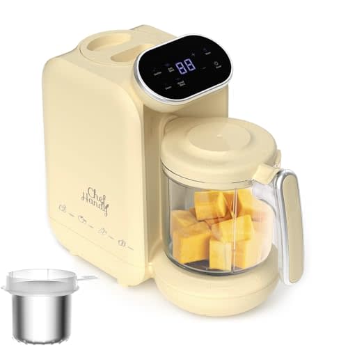 Chefhandy Baby Food Maker, 5 in 1 Baby Food Processor with Stainless Steel Steaming Basket, Baby Puree Maker with Steamer, Blender,Bottle Warmer Function,Auto Cooking & Grinding,Touchscreen (Yellow)