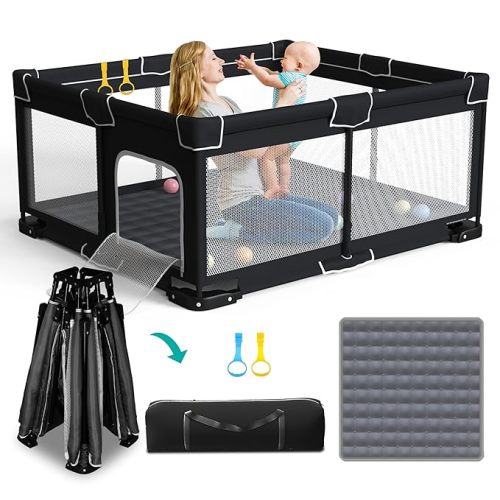 Foldable Playpen for Babies and Toddlers, 50x50 Inches Portable Playpen, Kids Collapsible Play Pen with 2 Handlers, Indoor & Outdoor Baby Fence Play Area with Visible Mesh, Black