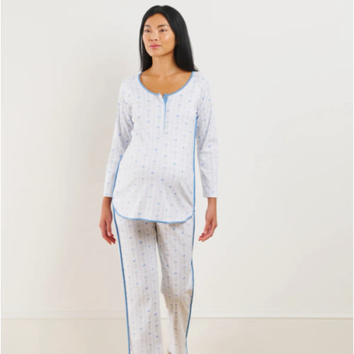 LAKE | Women | Pima Cotton Pajamas | Serene Blue Watercolor Stems Maternity Long Long Set