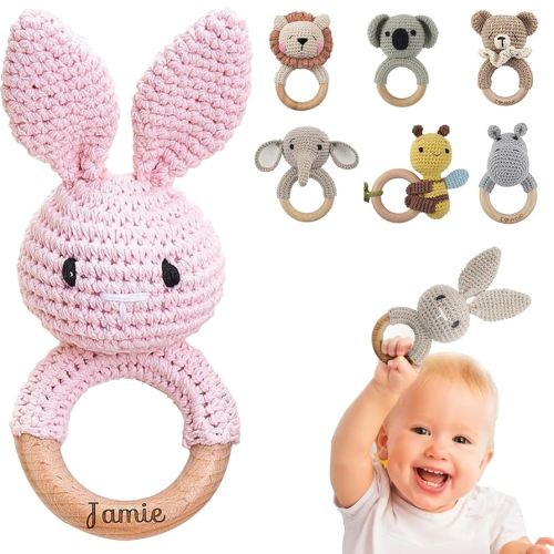 Personalized Baby Rattle, Custom Baby Shower Toy, Wooden Baby Rattle, Montessori Toy, Baby Rattle, Birthday Gift, Crochet Animal Rattle, Baby Gift (Personalized Name)