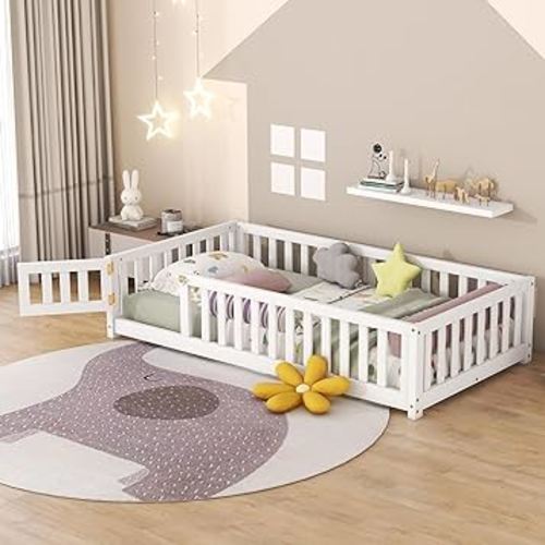 Harper & Bright Designs Twin Size Floor Bed Frame, Wooden Twin Montessori Floor Bed with Rails, Door and Support Slats, Kids Twin Size Bed Frame for Boys & Girls, White