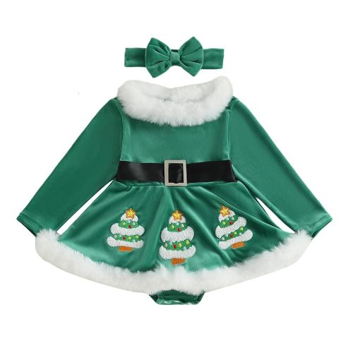 Newborn Baby Girl Christmas Dress Velvet Long Sleeve Santa Claus Romper Dress Toddler Girl Christmas Outfit (Green, 18-24 Months)
