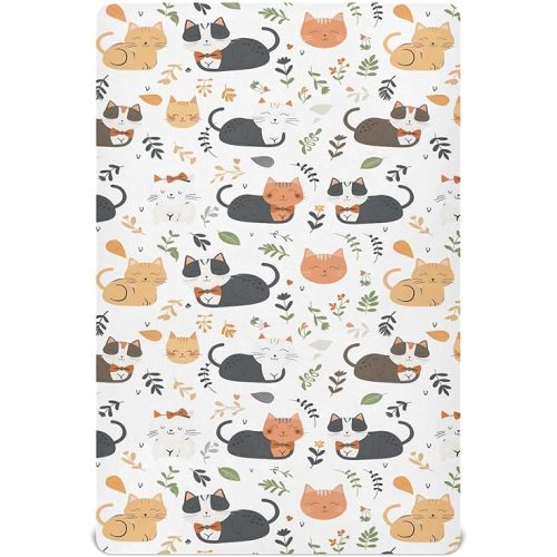 Crib Sheets for Boys Girl Lovely Cat Leaves Breathable Mini Crib Mattress Sheets Fitted,Toddler Baby Sheets for Crib Mattress 39 * 27 * 5In