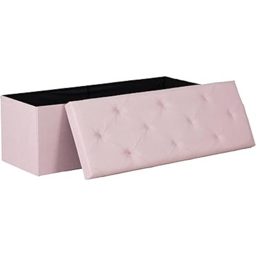 DUMOS 43in Foldable Storage Ottoman Bench, Storage Chest, Large End of Bed Foot Rest Stool with Padded Seat, Bedroom Bench for Living Room, Support 660lbs, Pink