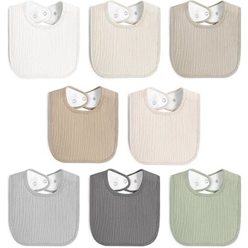 8 Pack Muslin 100% Cotton Baby Bibs for Unisex, Soft and Absorbent Gender Neutral Set for Feeding and Drooling