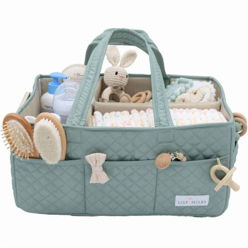 Lily Miles Baby Diaper Caddy Organizer, Quilted Nursery Storage Basket for Newborn Essentials and Diaper Changing Station, Gift for Baby Shower and Registry Must-Have (Willow Green)