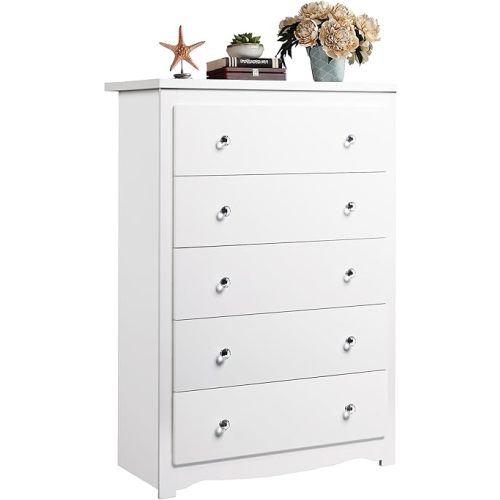 WLIVE White 5 Drawer Wood Dresser, Wooden Chest of Drawers for Bedroom, Storage Cabinet and Organizer Drawers for Living Room, Hallway, Closet, Measuring 15.75" W*31.50" D*45.35" H