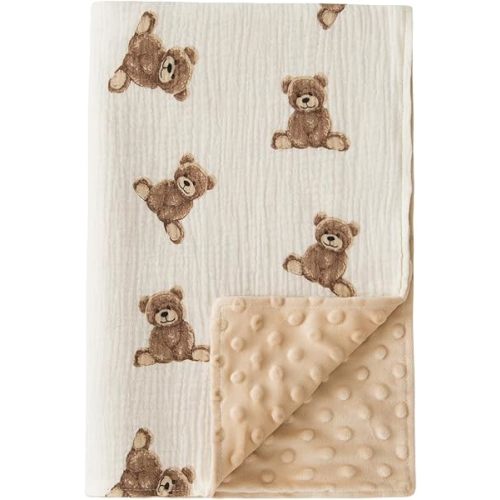 Little Jump Baby Blankets Minky Blankets for Unisex Boys Girls, Soft Fluffy Crib Blankets with Muslin Cotton Front and Dotted Fleece Backing, Teddy Bear Receiving Blanket for Newborn Infants