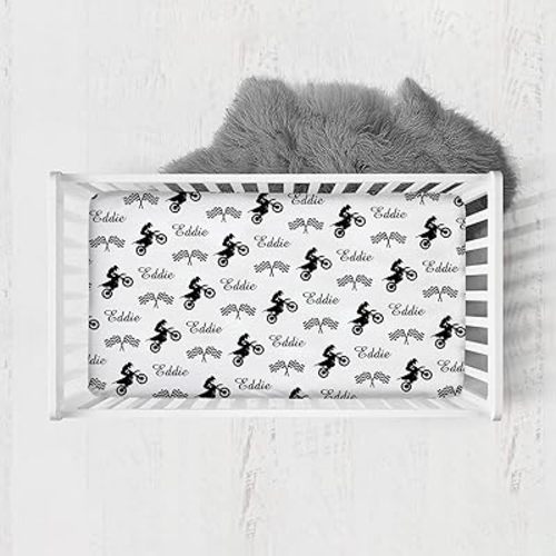 Dirt Bike Baby Crib Sheet, Personalized Fitted Crib Bedding Sheet with Name, Custom Motorcycle Crib Mattress Sheets for Baby Boys, Pack and Play Sheets, Mini Crib Sheet | Name Crib Sheets
