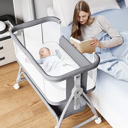 Bedside Bassinet for Baby, 3 in 1 Baby Bassinet Bedside Sleeper, Height Adjustable Bedside Crib, Rocking Bassinet with Wheels, Storage, Mattress, Mosquito Net, Newborn Portable Bassinet