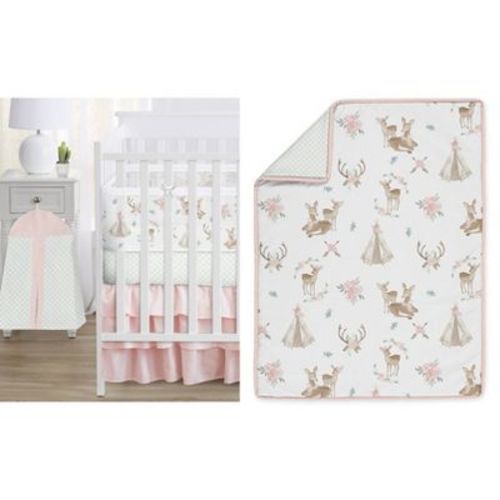 Sweet Jojo Designs 6p Girl Crib Bedding + BreathableBaby Breathable Mesh Liner Anti Bumper Pad Deer Floral Pink Green White