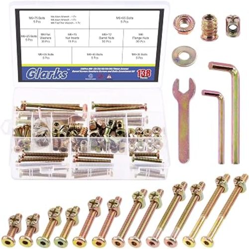 Glarks 138Pcs M6 Baby Bed Crib Screws Hardware Replacement Kit, M6x25/35/45/55/65/75/85MM Hex Socket Cap Screws with Nuts Washers and Tools for Chair Table Cabinets Furniture