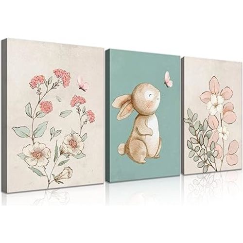 Generic Framed Nursery Bunny Wall Art Cute Bunny Botanical Flowers Wall Decor Pink Green Nursery Pictures Posters Girl Bedroom Canvas Prints gifts for Baby Boys and Girls Playroom paintings(12x16in)