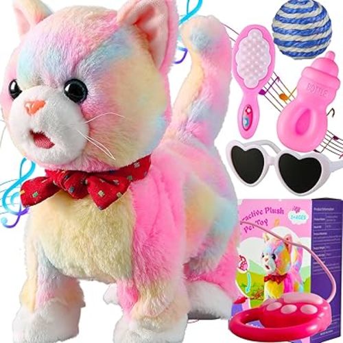 Rainbow Walking Cat Toy for Kids Kitty Toys for Girls Kitten Set that Talking Meows Singing Dancing Repeat What You Say Touch and Voice Control Plush Electronic Robot Kitties for Baby Toddlers