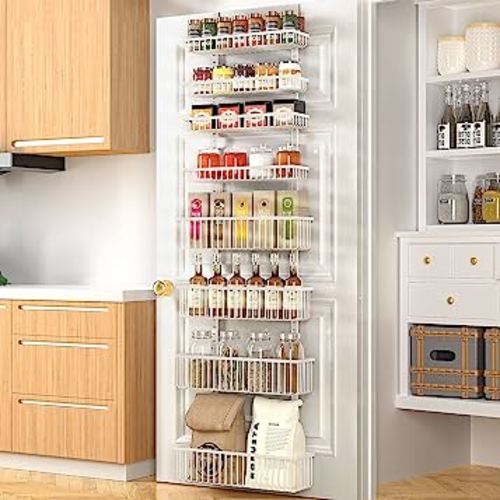 Moforoco Over The Door Pantry Organizer, Pantry Door Organizer Shelves, Kitchen Organizers and Storage, Hanging Basket Wall Spice Rack Seasoning Shelves, Laundry Room Bathroom accessories(White