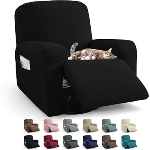 JIVINER 3 Piece Recliner Chair Cover Stretch Lazy Boy Non Slip Covers for Recliner with Pockets Soft Jacquard Reclining Sofa Slipcovers Furniture Protector with Elastic Bottom (1 Seater, Black)