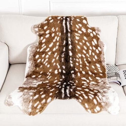 Faux Cowhide Rug Animal Print Area Rug Deer Hide Rug Sika Deer Carpet Cow Hides and Skins Mat for Home Livingroom 3.6x3ft