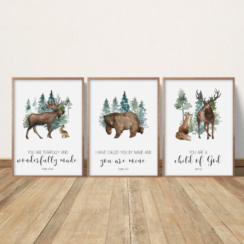 Christian Nursery Decor, Kids Bible Verse Wall Art, Watercolor Painting, Scripture Print, Nature Baby Boy Nursery, Bedroom Wall Decor, deer
