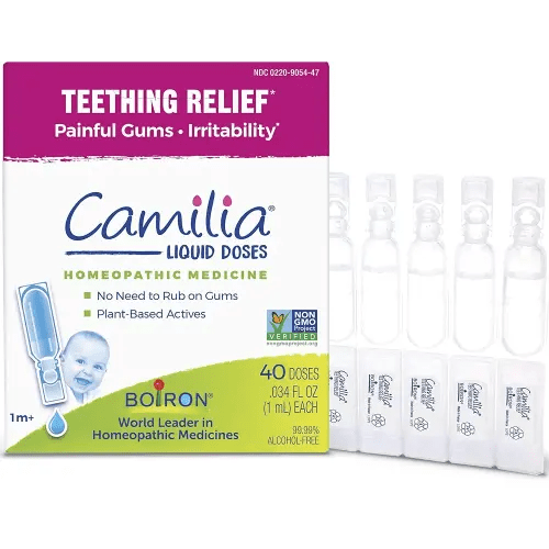 Boiron Camilia Teething Drops for Daytime and Nighttime Relief of Painful or Swollen Gums and Irritability in Babies - 40 Liquid Droppers Bundled in 8 separate packs of 5