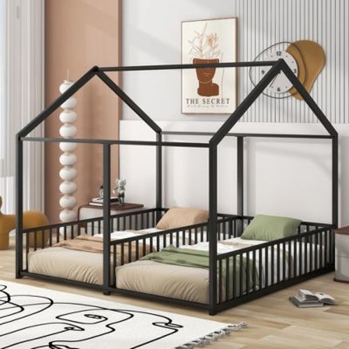 Metal Twin Size House Bed for 2 Kids, Double Floor Platform Beds Frame with Rails for Girls Boys, Black