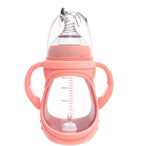 Anti-Colic Bottles - Baby Bottles Glass - Newborn Set with Natural Rubber, Slow-Flow Bottle Nipples - Borosilicate Glass Pink 240ML