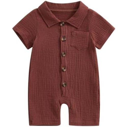 Honganda Summer Baby Boy Cotton Linen Jumpsuit Short Sleeve Button Down Playsuit Romper One Piece Outfit 0-24M