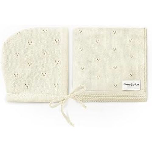 Bleu La La Organic Baby Blanket + Hat Gift Set - 100% Soft Luxury Cotton Unisex Receiving Swaddle Blanket + Bonnett Registry for Newborns & Infants (Butter Cream + Hat)