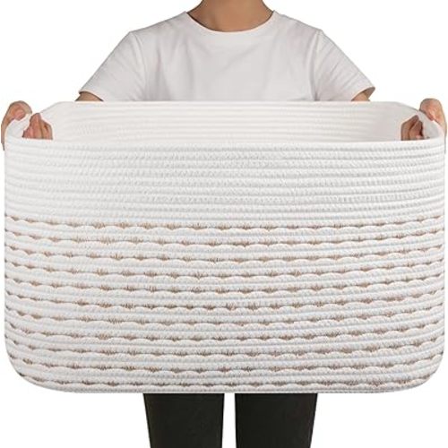 OIAHOMY 75L Blanket Basket, Woven Cotton Rope Basket for Organizing 22”x17”x12”, Used for Living Room, Bedroom, Nursery, Light Yellow & White
