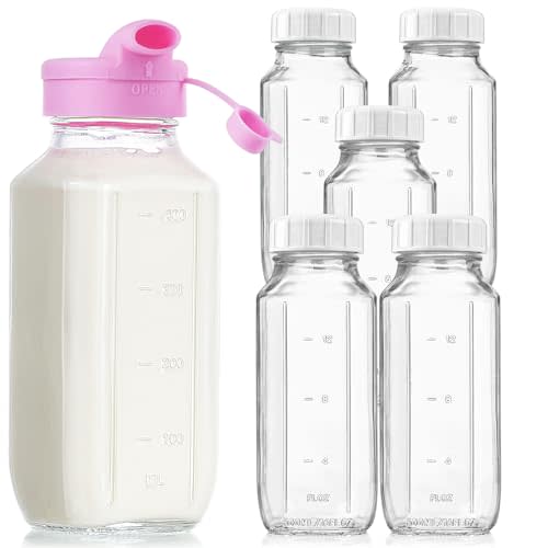 16 Oz Square Glass Milk Bottles with A Silicone Cover, 6 Pack Glass Bottles for Juicing with Airtight Lids, Glass Drinking Bottles with Lids and Scale Mark, Breast Milk Storage Jug Easy to Carry