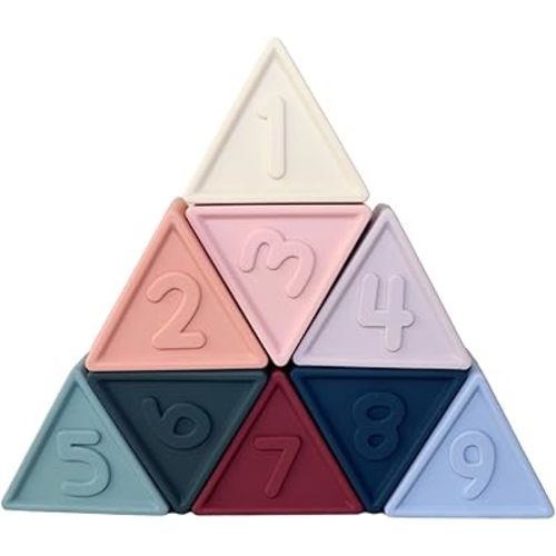 Triblox Earth, 9 Soft Silicone Triangle Blocks with Numbers and Illustrations - Counting, Building and Stacking Toy