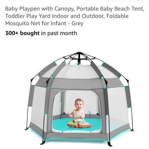 Baby Playpen with Canopy, Portable Baby Beach Tent, Toddler Play Yard Indoor and Outdoor, Foldable Mosquito Net for Infant - Grey