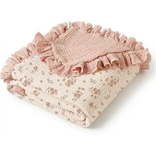 Muslin Baby Blanket Flounce Design Cotton Nursery Blanket – Pink Floral Pattern Super Soft Lightweight Crib Blanket for Baby Infant Toddler, 40" x36